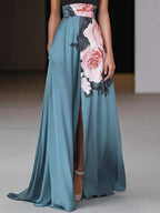 Women's Floral Long Dress Black Halter Sleeveless A-Line Side Slit Wedding Guest Formal – Janelle