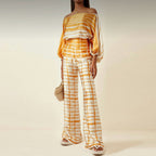 Women's Chic Summer Two-Piece Set Printed Flowy Top Wide-Leg Pants Casual Vacation Elegant Outfit