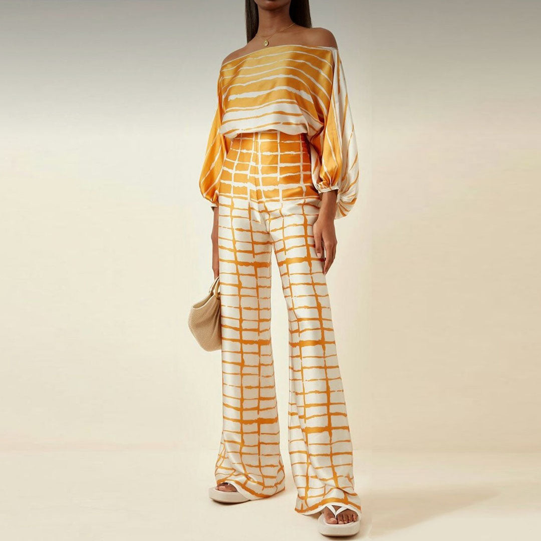 Women's Chic Summer Two-Piece Set Printed Flowy Top Wide-Leg Pants Casual Vacation Elegant Outfit
