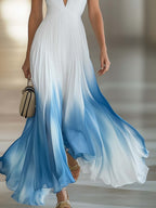 Women's Elegant Pleated Long Dress Chiffon V-Neck Wedding Guest Formal Party Summer Dress – Blue Gradient White