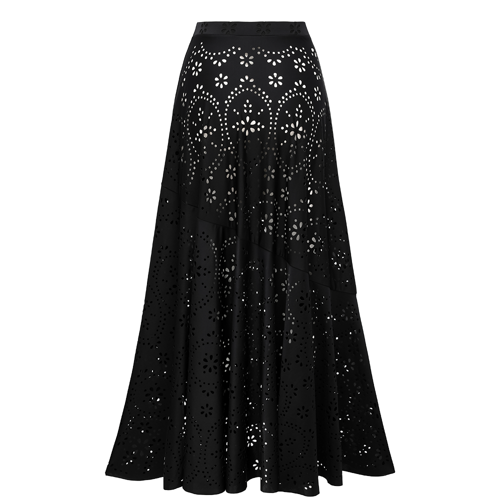 Women's Black Laser Cut Hollow-Out One-Piece Swimsuit & Long Skirt Set Scalloped V-Neck Beach Vacation Resort Pool Party Cruise – Black
