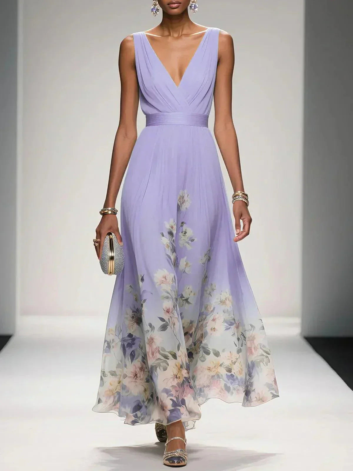 Women's Floral Long Wedding Guest Dress Fluid Feminine Romantic Elegant Ceremony Gown