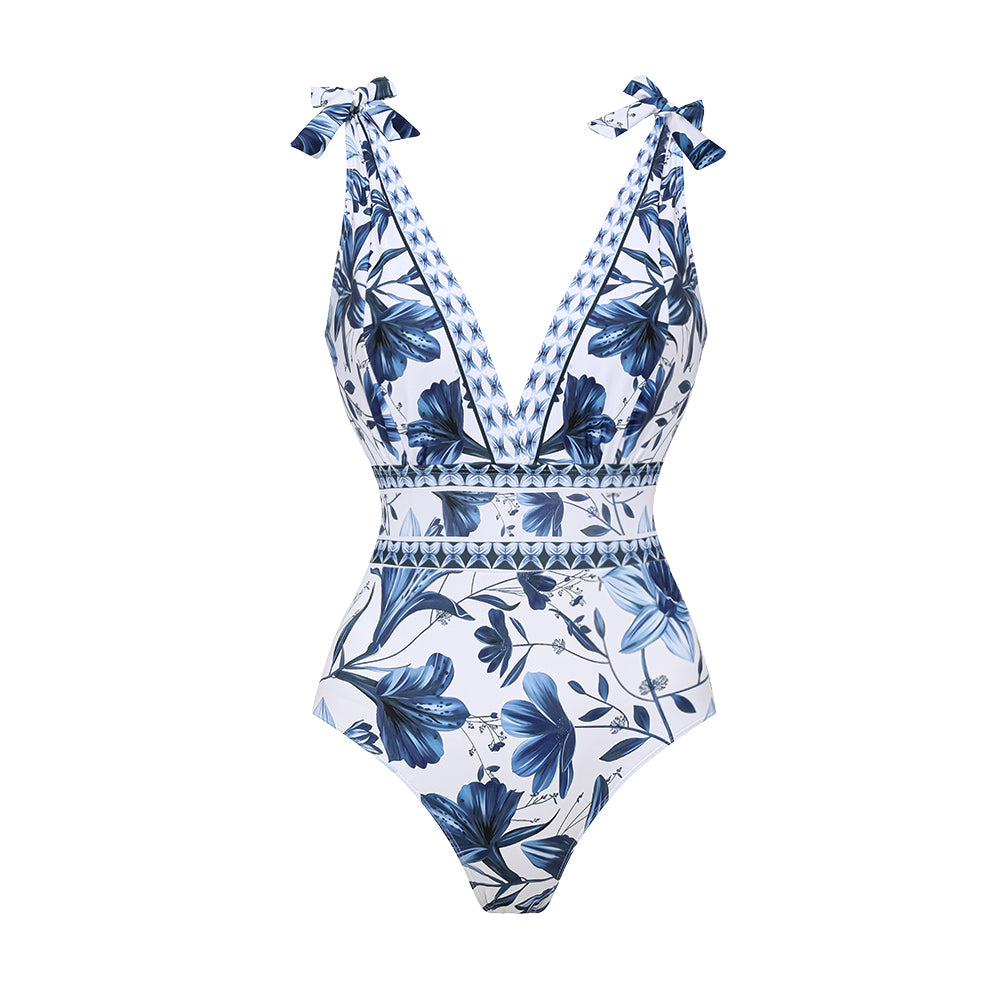 Women's V-Neck Lace-Up Floral Printed One-Piece Swimsuit & Long Skirt Set Tie Shoulder Beach Vacation Resort Pool Party Cruise Honeymoon – Blue & White
