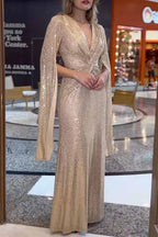 Women's Sequin V-Neck Long Sleeve Maxi Dress A-Line Formal Prom Gala Wedding Guest Evening Red Carpet – Seraphina