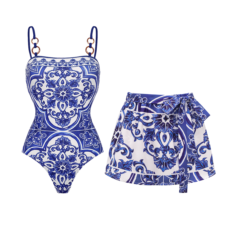 Women's Majolica Print One-Piece Swimsuit & Skirt or Shorts Set Sling Neck Beach Vacation Resort Pool Party Cruise Summer – Blue & White