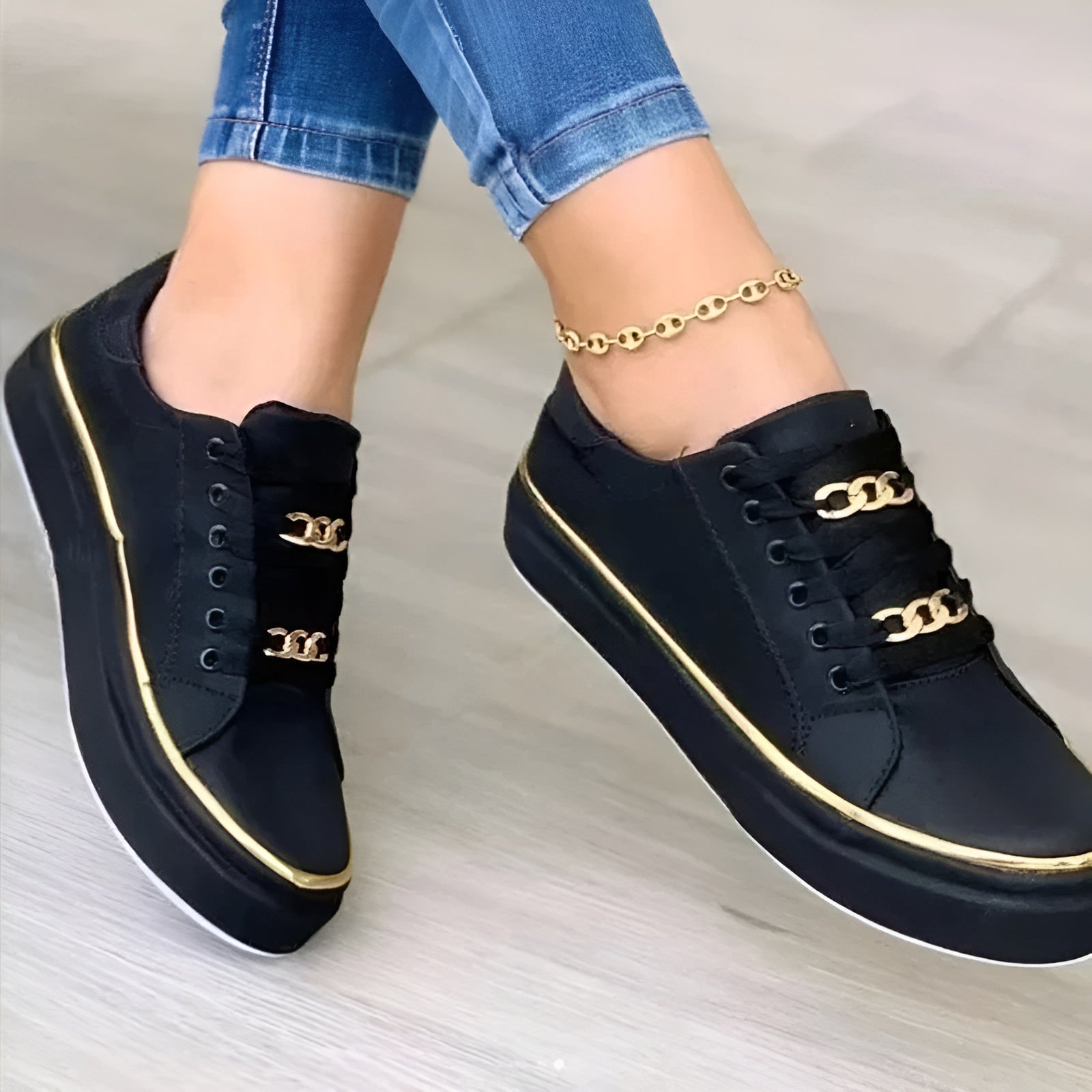 Women's Stylish Sneakers Shock-Absorbing Sole Lace-Up Gold Accents Casual – Alexya