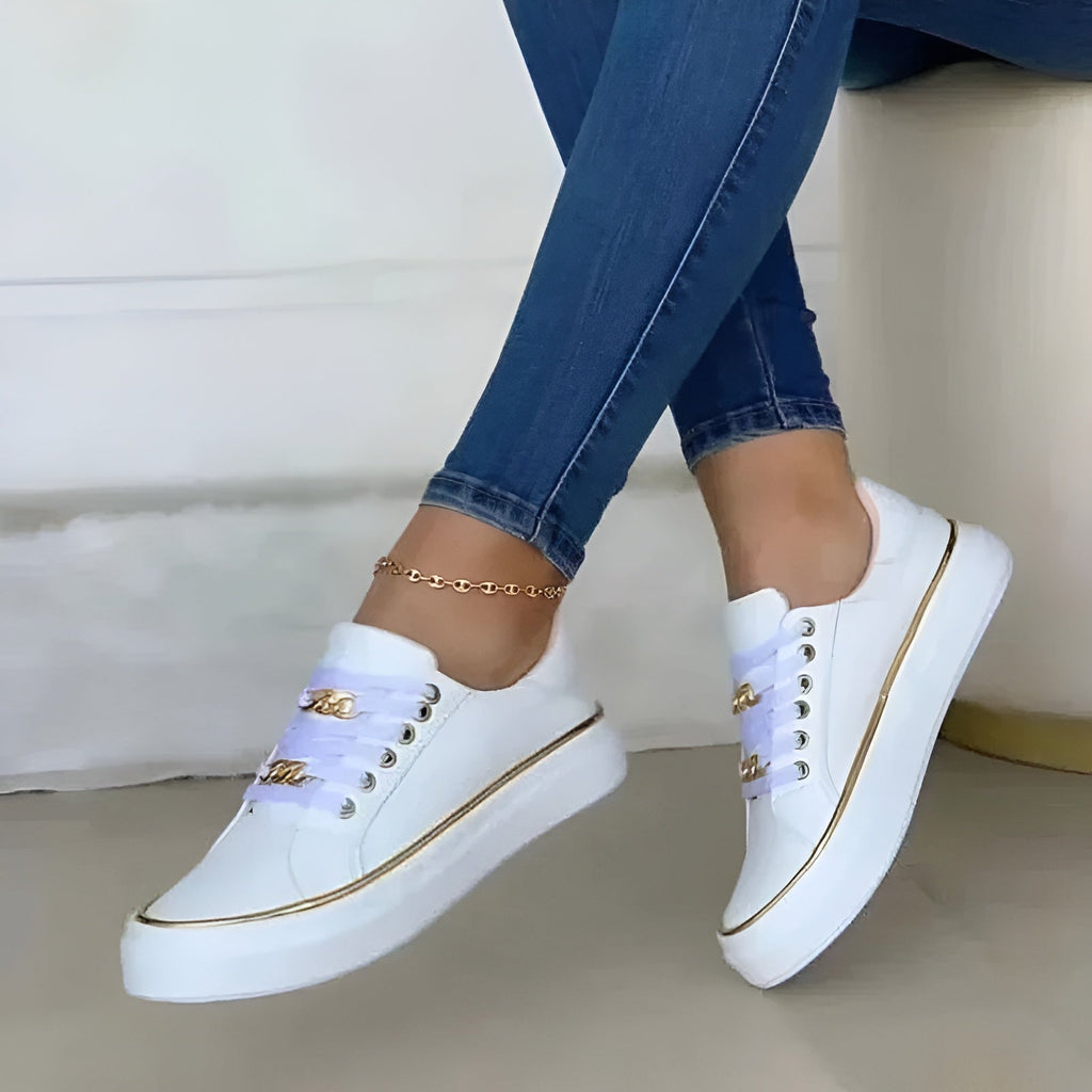 Women's Stylish Sneakers Shock-Absorbing Sole Lace-Up Gold Accents Casual – Alexya