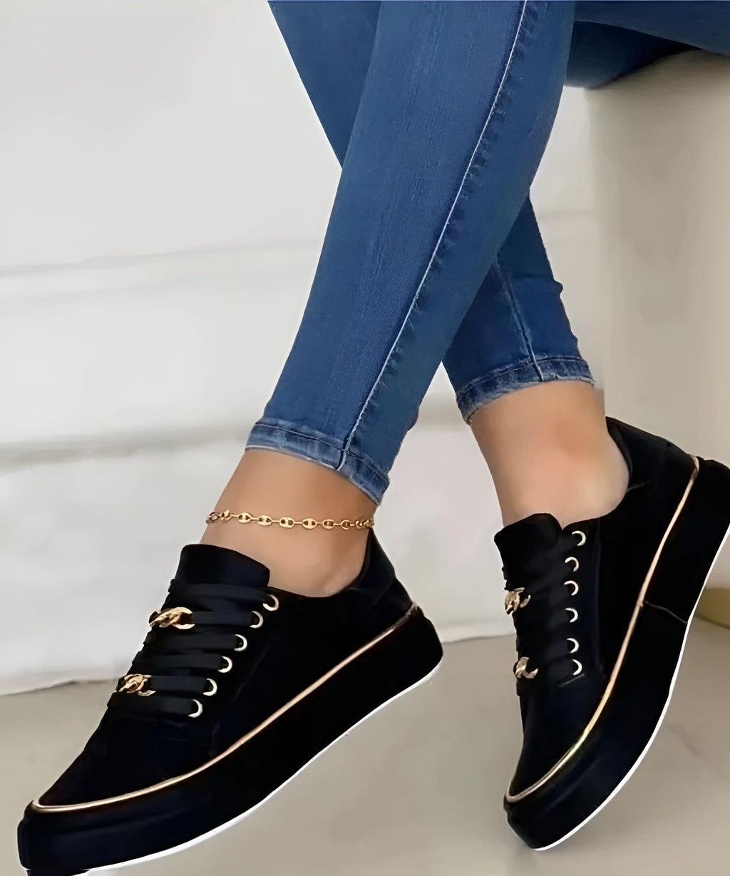 Women's Stylish Sneakers Shock-Absorbing Sole Lace-Up Gold Accents Casual – Alexya