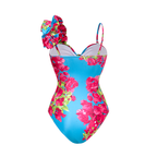 Women's Laser Cut Flower Hollow One-Piece Swimsuit with Cover Up Skirt V-Neck Elegant Beach Summer Swimwear – Navy Blue