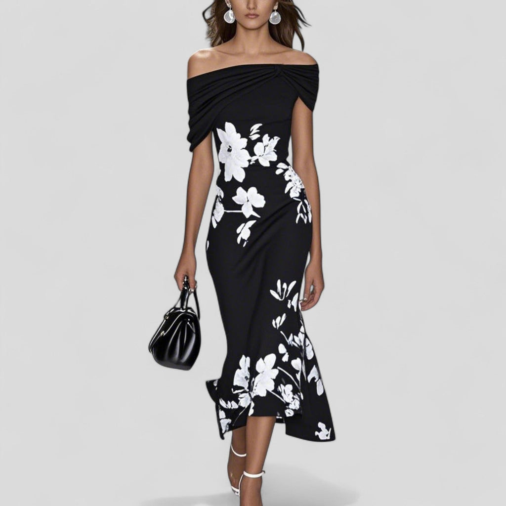 Women's Elegant Floral Midi Dress Off-Shoulder Casual Formal Wedding Guest Chic – Isabrunel