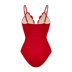 Women's Floral Hollow-Out One-Piece Swimsuit & Long Skirt Set V-Neck Beach Vacation Pool Party Summer Resort – Red