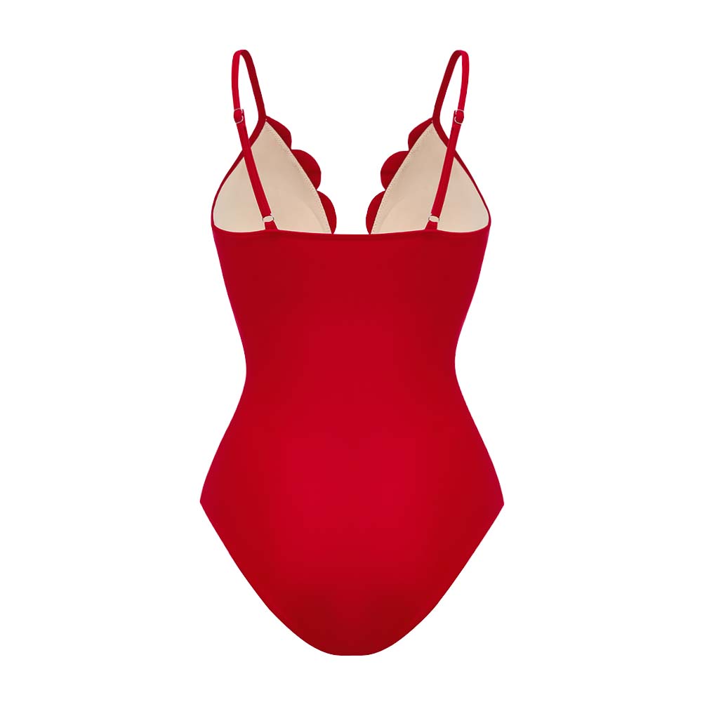 Women's Floral Hollow-Out One-Piece Swimsuit & Long Skirt Set V-Neck Beach Vacation Pool Party Summer Resort – Red