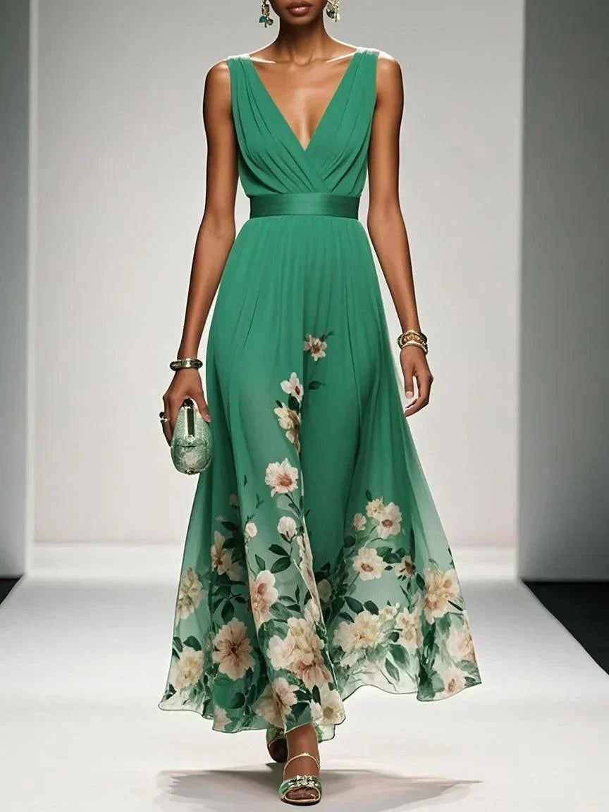 Women's Floral Long Wedding Guest Dress Fluid Feminine Romantic Elegant Ceremony Gown