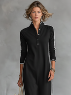Women's Minimalist Casual Summer Long Dress Button-Down Collar White Trim Chic – Black