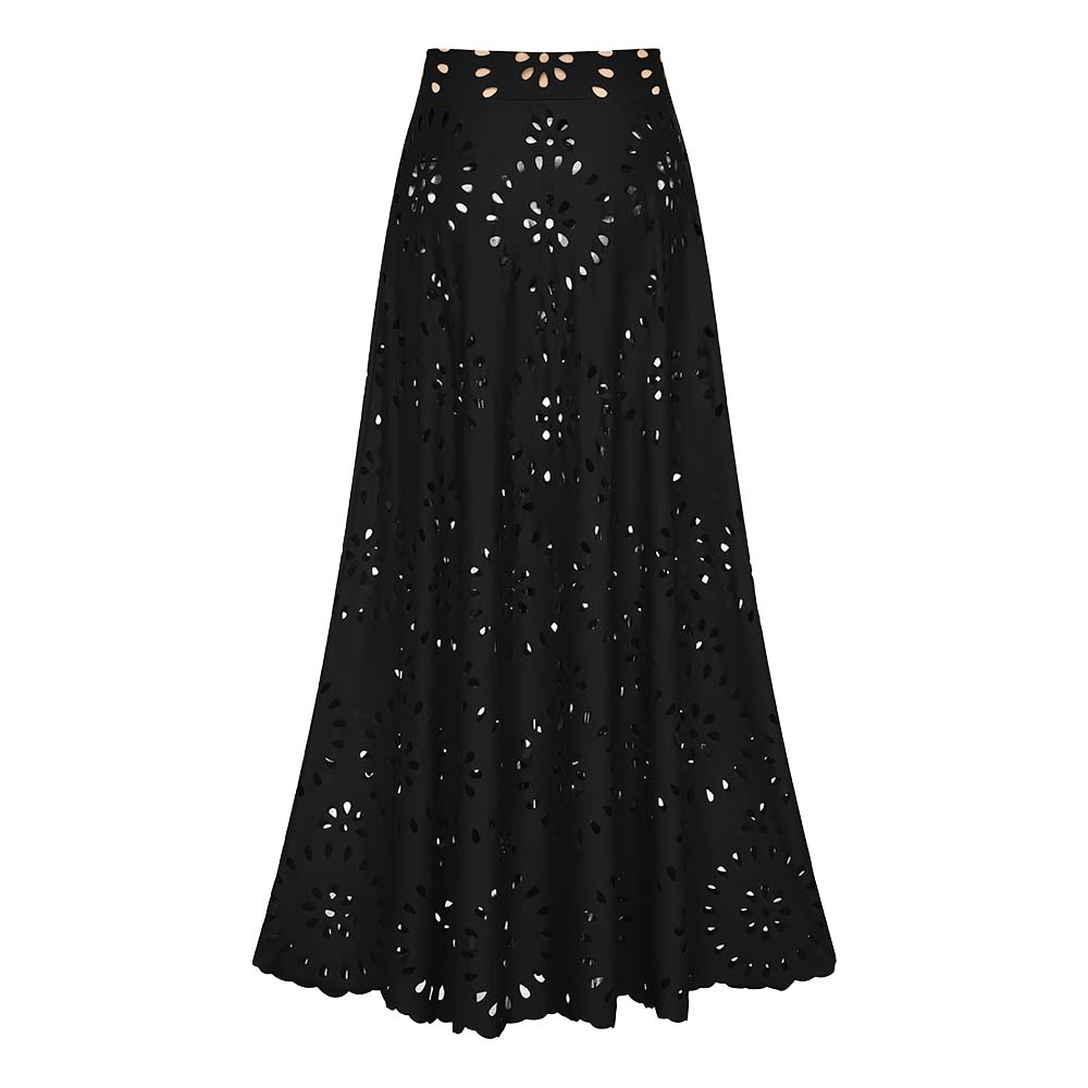 Women's Laser Cut Floral Hollow-Out One-Piece Swimsuit & Long Skirt Set V-Neck Beach Vacation Pool Party Resort Cruise – Black