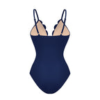 Women's Laser Cut Flower Hollow One-Piece Swimsuit with Cover Up Skirt V-Neck Elegant Beach Summer Swimwear – Navy Blue