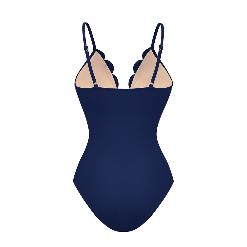 Women's Laser Cut Flower Hollow One-Piece Swimsuit with Cover Up Skirt V-Neck Elegant Beach Summer Swimwear – Navy Blue