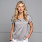 Women's Silk Look V-Neck Short Sleeve Satin Blouse Casual Formal Everyday Work Office Elegant Dressy Top – Champagne Sage Green