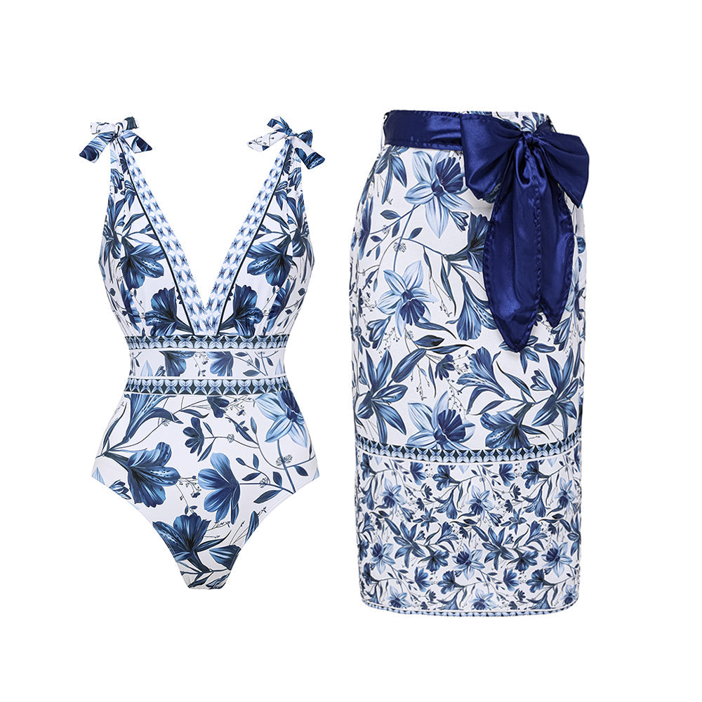 Women's V-Neck Lace-Up Floral Printed One-Piece Swimsuit & Long Skirt Set Tie Shoulder Beach Vacation Resort Pool Party Cruise Honeymoon – Blue & White