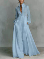 Women's Minimalist Cotton Linen Casual Formal Long Dress Stand-Up Collar Single-Breasted Elegant – White