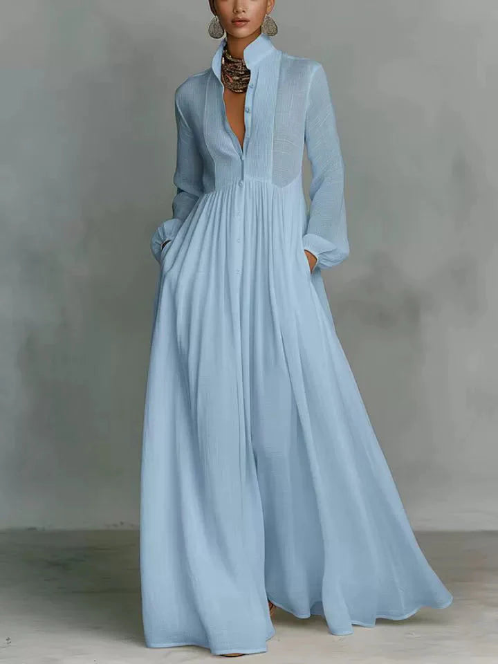 Women's Minimalist Cotton Linen Casual Formal Long Dress Stand-Up Collar Single-Breasted Elegant – White
