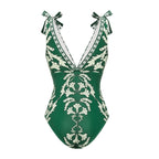 Women's V-Neck Lace-Up Printed One-Piece Swimsuit & Long Skirt Set Casual Beach Vacation Summer Resort Cover-Up – Green Floral