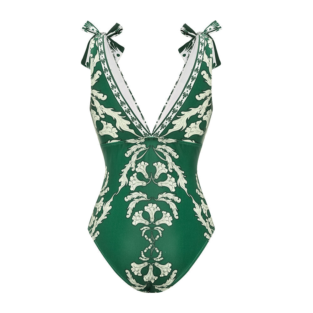 Women's V-Neck Lace-Up Printed One-Piece Swimsuit & Long Skirt Set Casual Beach Vacation Summer Resort Cover-Up – Green Floral