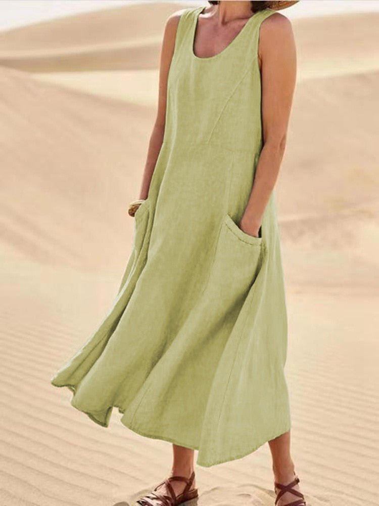 Women's Sleeveless Pocket Midi Casual Dress Flowing Relaxed Breathable Summer – Zoe