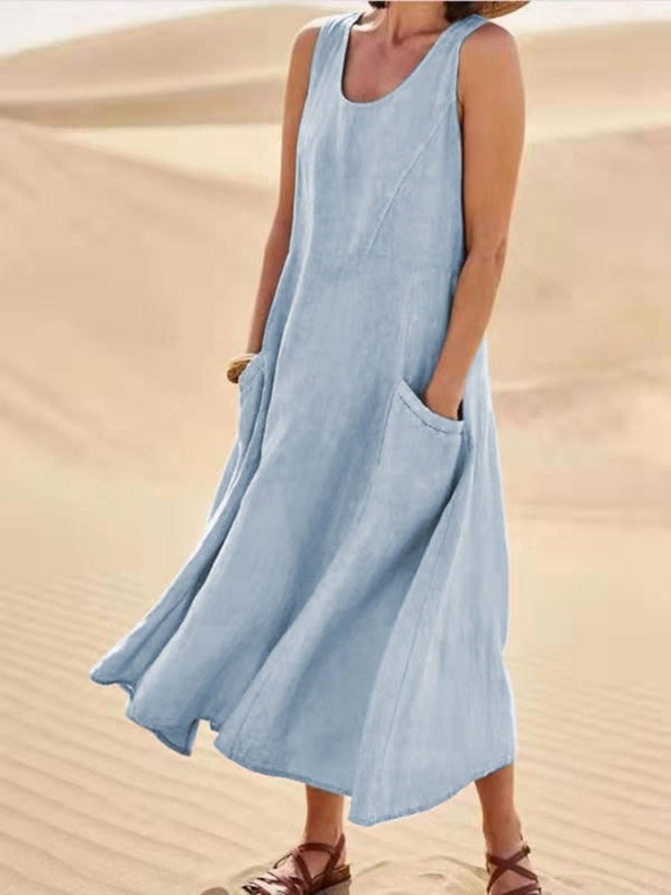 Women's Sleeveless Pocket Midi Casual Dress Flowing Relaxed Breathable Summer – Zoe