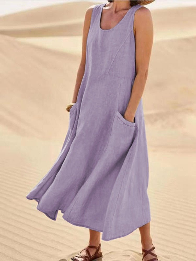 Women's Sleeveless Pocket Midi Casual Dress Flowing Relaxed Breathable Summer – Zoe