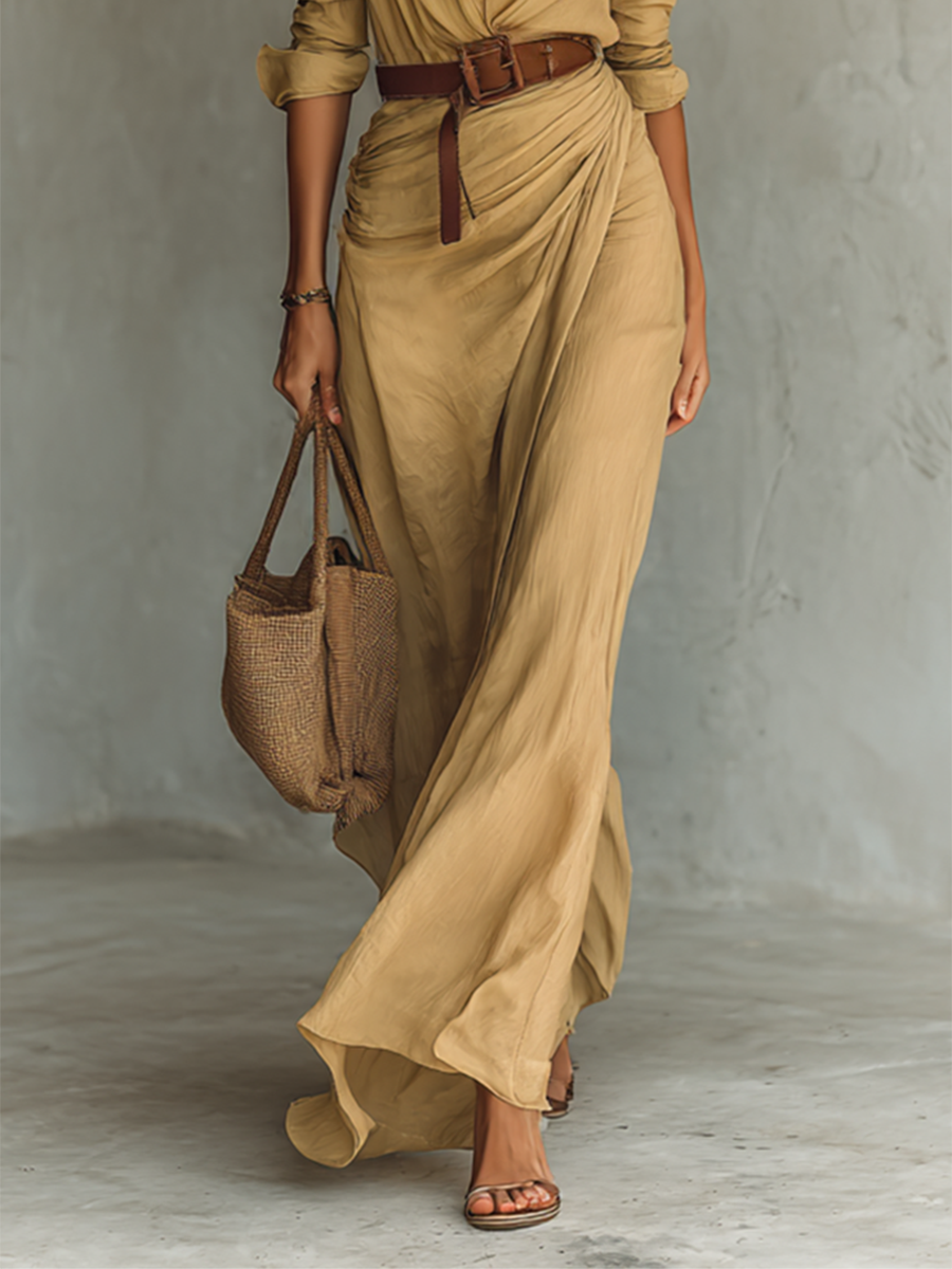 Women's Elegant Cowgirl Long Dress Lapel Single Breasted Belted Waist Long Sleeve Casual – Camel