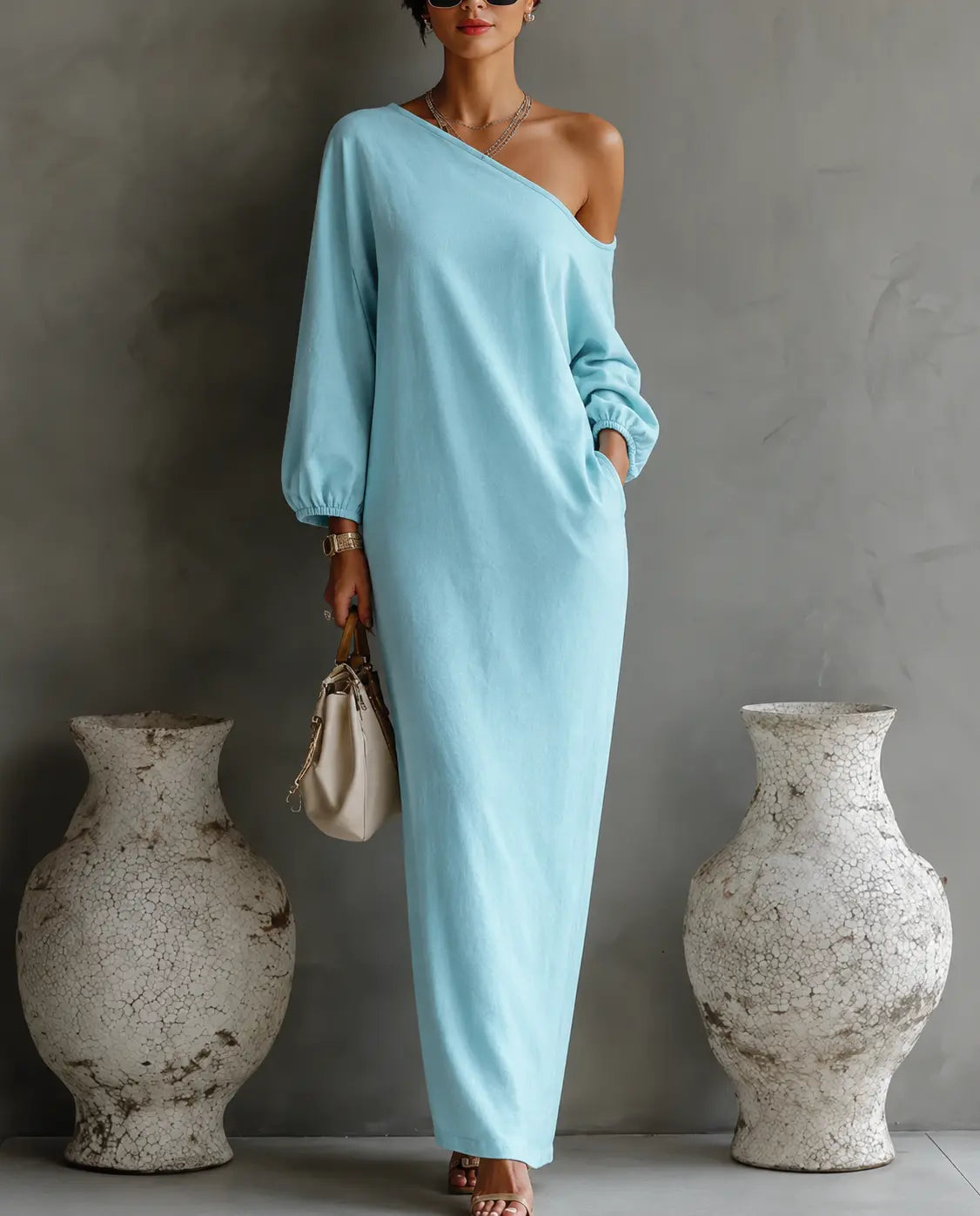 Women's Elegant One-Shoulder Long Dress Cotton Linen Flowing Formal Party Wedding Guest – Ivory White