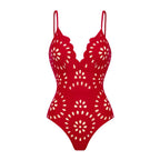Women's Floral Hollow-Out One-Piece Swimsuit & Long Skirt Set V-Neck Beach Vacation Pool Party Summer Resort – Red
