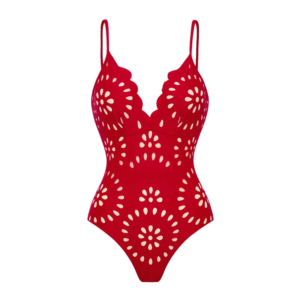Women's Floral Hollow-Out One-Piece Swimsuit & Long Skirt Set V-Neck Beach Vacation Pool Party Summer Resort – Red