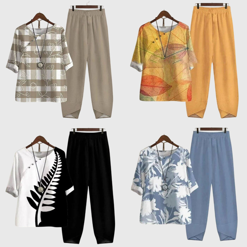 Women's Casual Loose Two-Piece Set Printed Short Sleeve Top Wide-Leg Pants Comfortable Everyday – Alessia