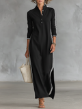 Women's Minimalist Casual Summer Long Dress Button-Down Collar White Trim Chic – Black