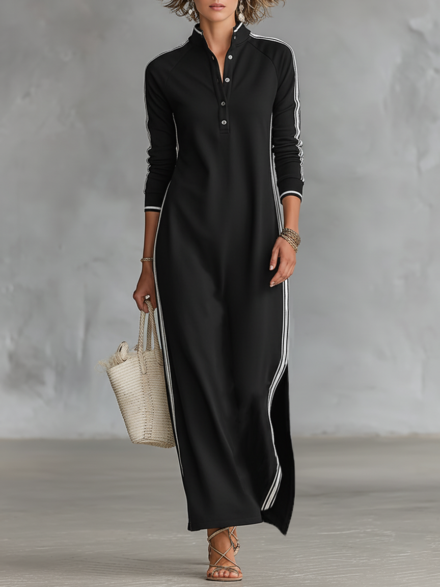 Women's Minimalist Casual Summer Long Dress Button-Down Collar White Trim Chic – Black
