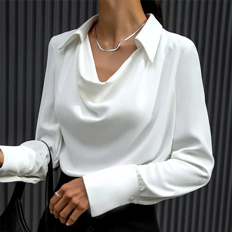 Women's Drape Neck Long Sleeve Satin Blouse Silky Elegant Office Evening Versatile Chic – Samantha