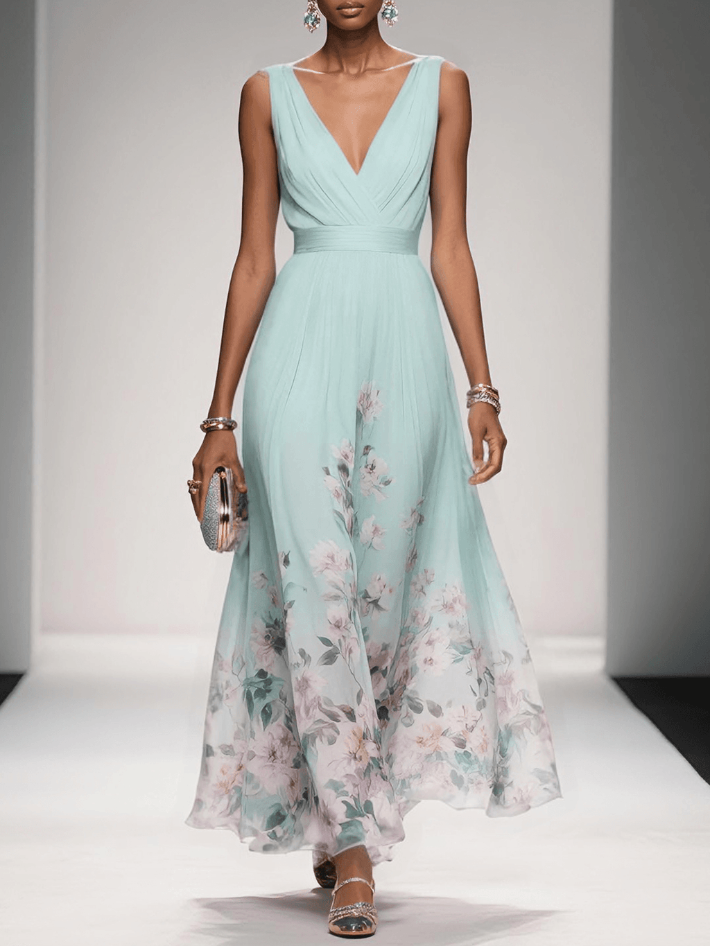 Women's Floral Long Wedding Guest Dress Fluid Feminine Romantic Elegant Ceremony Gown