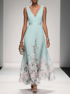 Women's Floral Long Wedding Guest Dress Fluid Feminine Romantic Elegant Ceremony Gown