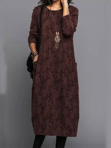 Women's Long Sleeve Midi Dress With Pockets Casual Summer Print Comfortable Everyday Relaxed Fit
