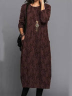 Women's Long Sleeve Midi Dress With Pockets Casual Summer Print Comfortable Everyday Relaxed Fit