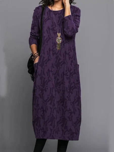 Women's Long Sleeve Midi Dress With Pockets Casual Summer Print Comfortable Everyday Relaxed Fit