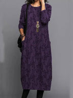 Women's Long Sleeve Midi Dress With Pockets Casual Summer Print Comfortable Everyday Relaxed Fit