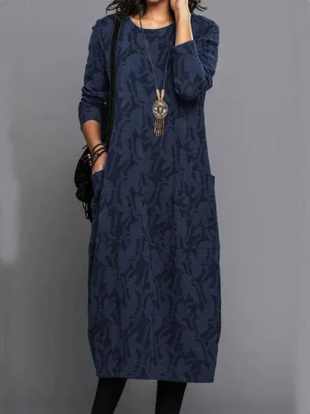 Women's Long Sleeve Midi Dress With Pockets Casual Summer Print Comfortable Everyday Relaxed Fit