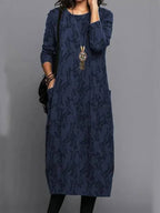 Women's Long Sleeve Midi Dress With Pockets Casual Summer Print Comfortable Everyday Relaxed Fit