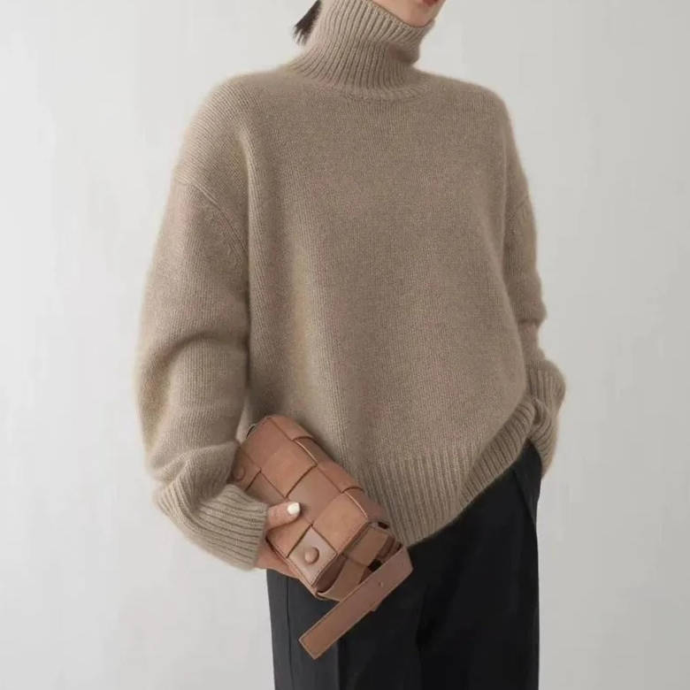 Women's Cashmere Turtleneck Sweater Soft Cozy Relaxed Fit Warm Casual Elegant Winter – Beige