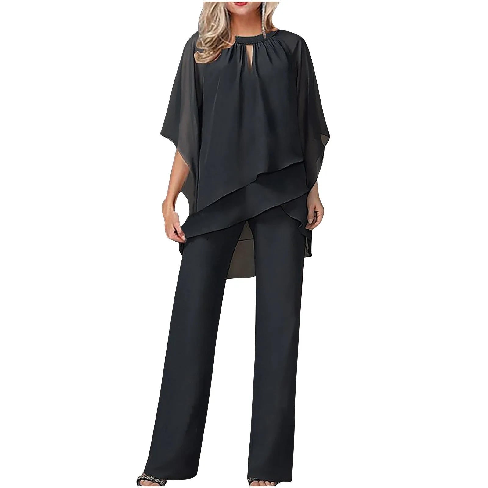 Women's Formal Festive Chiffon Pantsuit Elegant Wide-Leg Flowing Top & Pants Party Event Set