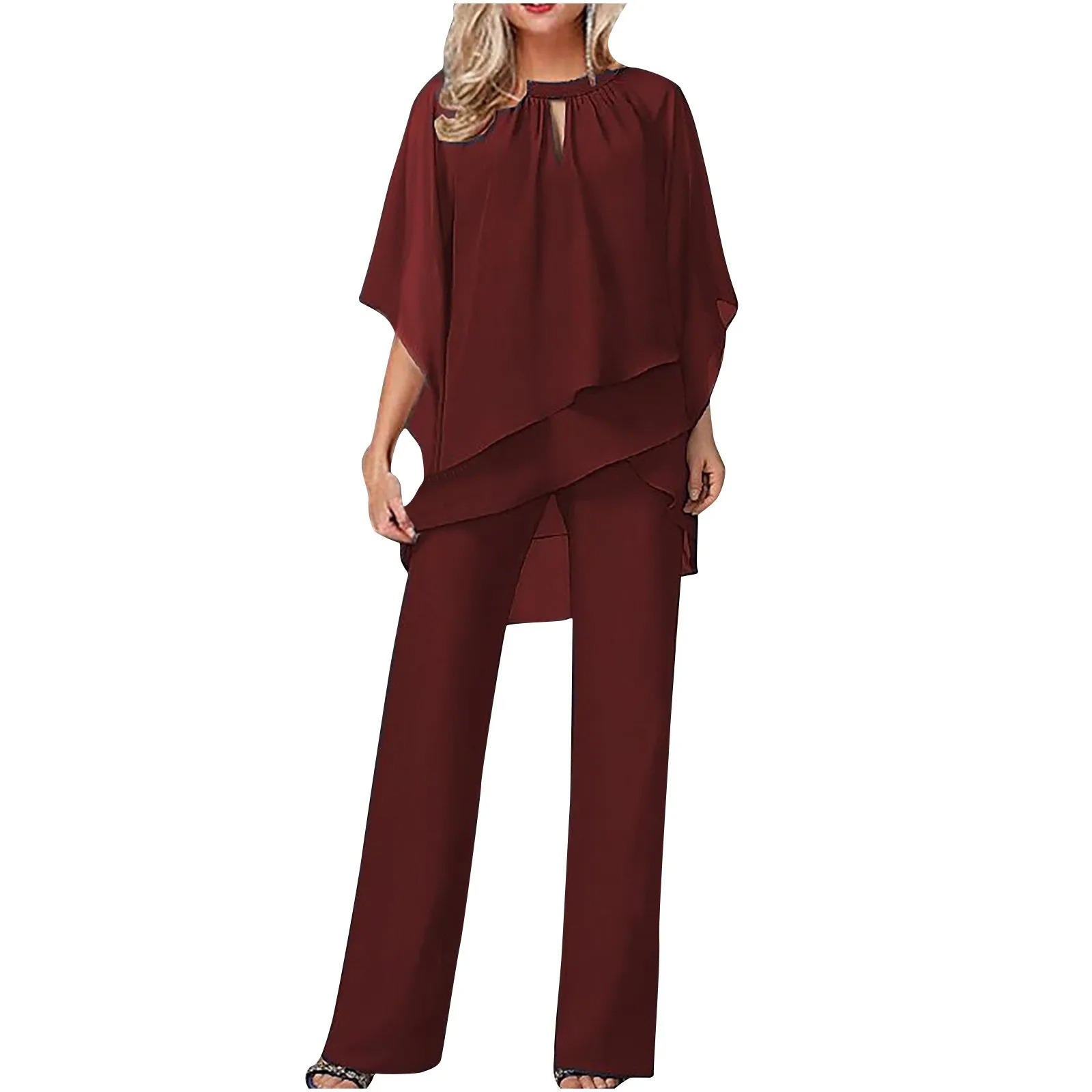 Women's Formal Festive Chiffon Pantsuit Elegant Wide-Leg Flowing Top & Pants Party Event Set