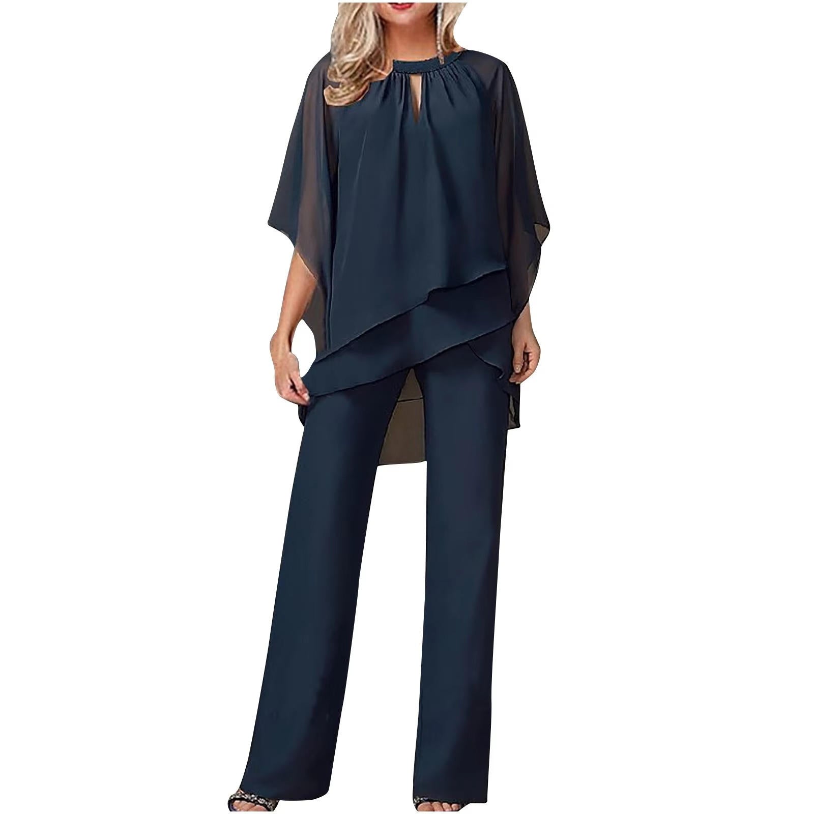 Women's Formal Festive Chiffon Pantsuit Elegant Wide-Leg Flowing Top & Pants Party Event Set